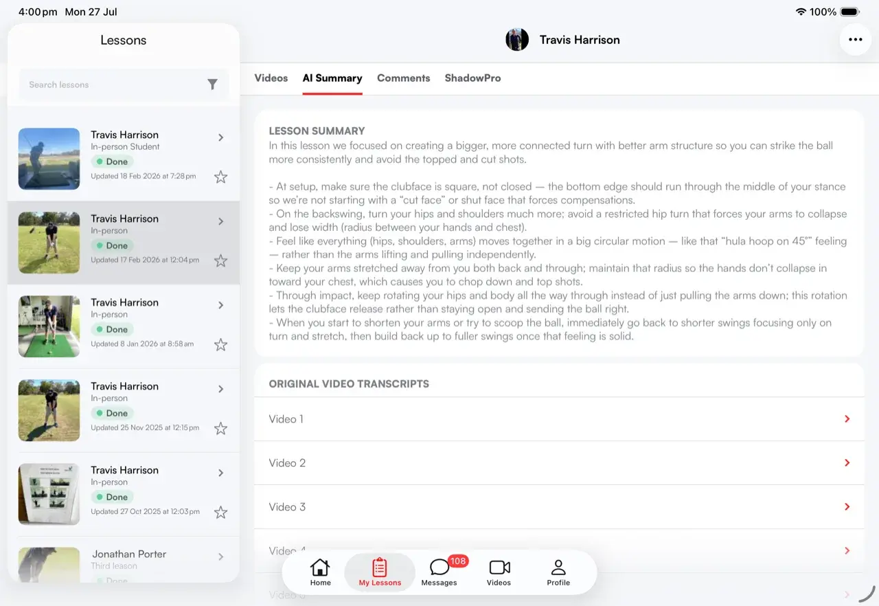 Skillest app AI Summary tab on iPad: an AI-generated lesson summary with key coaching points, plus original video transcripts listed below