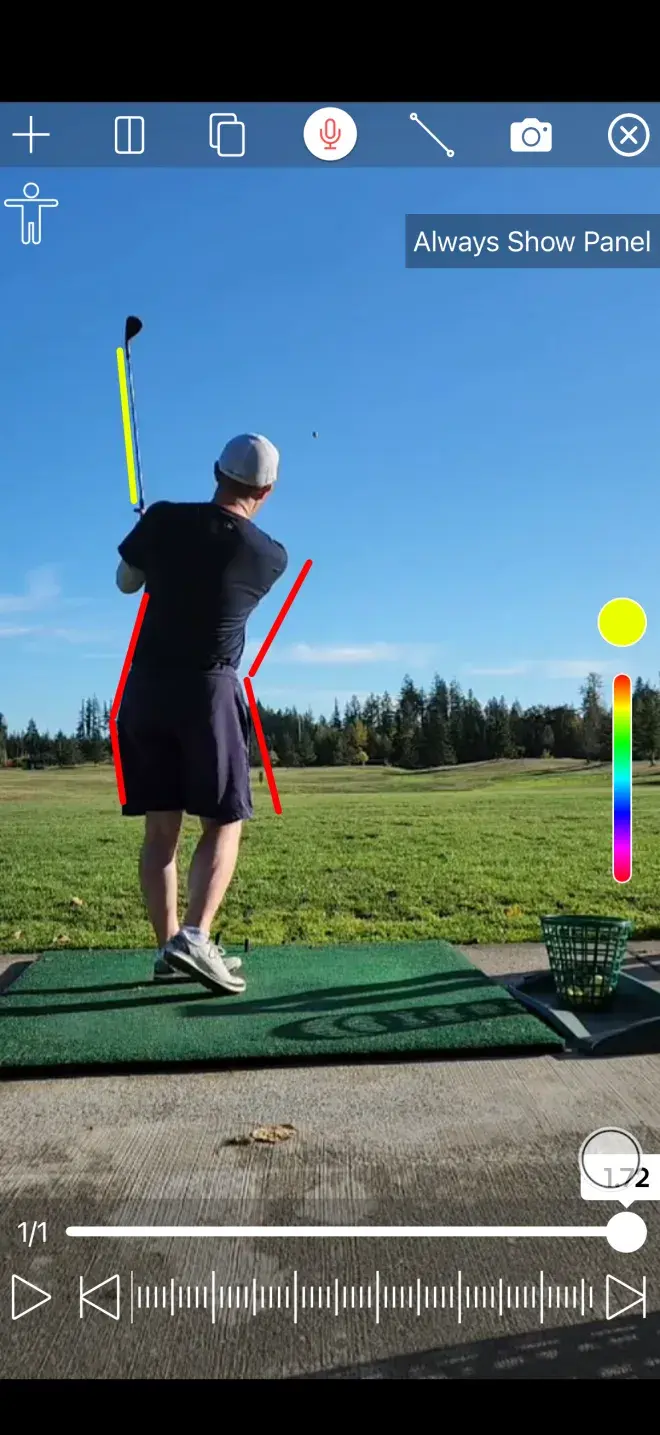 Skillest analysis tool on iPhone: coach drawing shaft and body lines on a student's swing, with drawing tools, color picker and frame scrubber