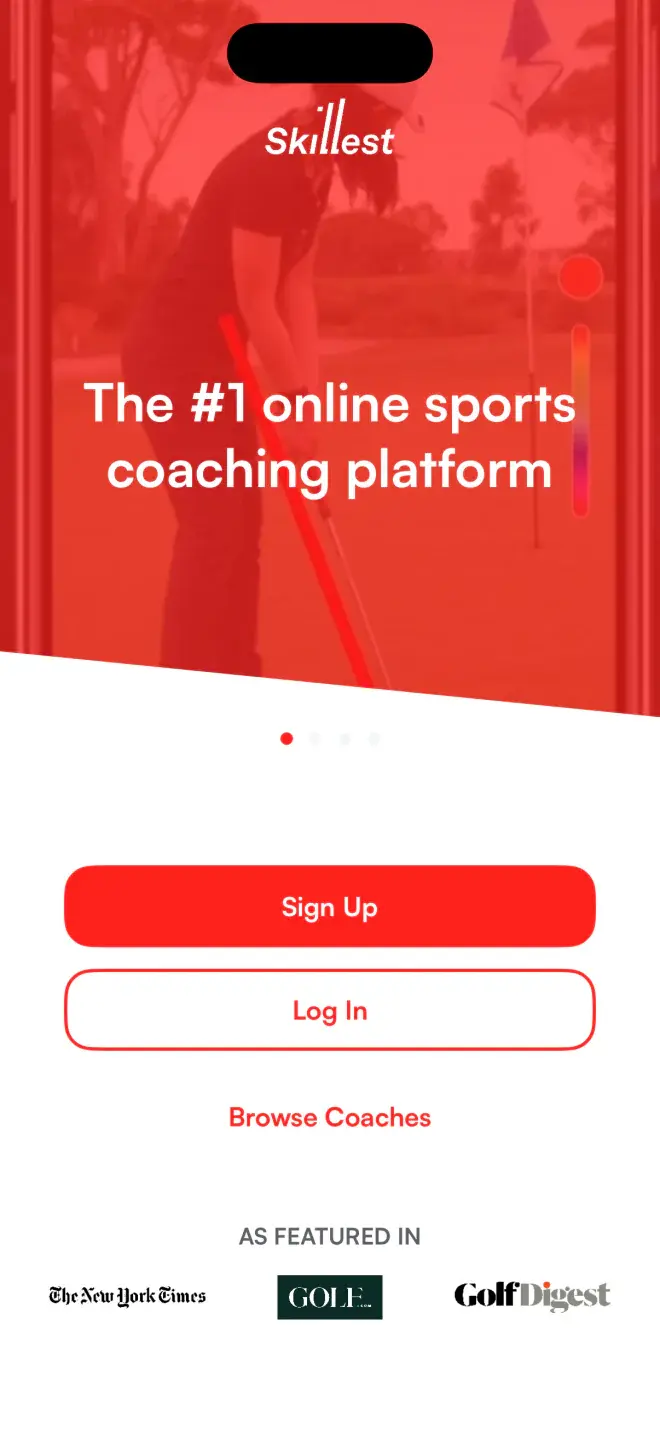 Skillest iPhone app welcome screen: the #1 online sports coaching platform, with sign up, log in and browse coaches options