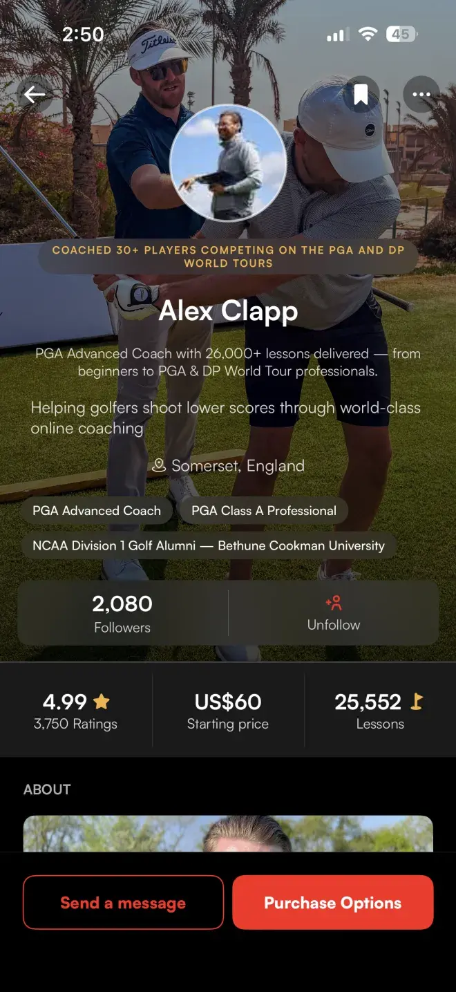 Skillest coach profile on iPhone: PGA Advanced Coach Alex Clapp with ratings, starting price, lessons delivered and purchase options