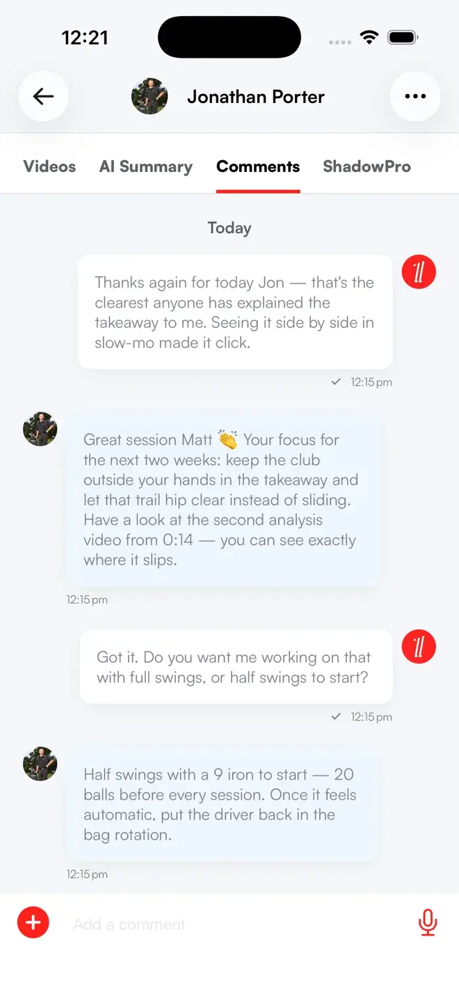 Skillest iPhone app lesson comments: an inline thread between coach and student discussing takeaway drills, with a comment box and voice-note button