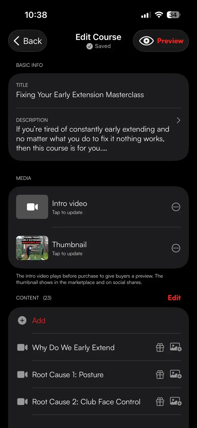 Skillest app course builder editing a course title, description, intro video, thumbnail and lesson content list