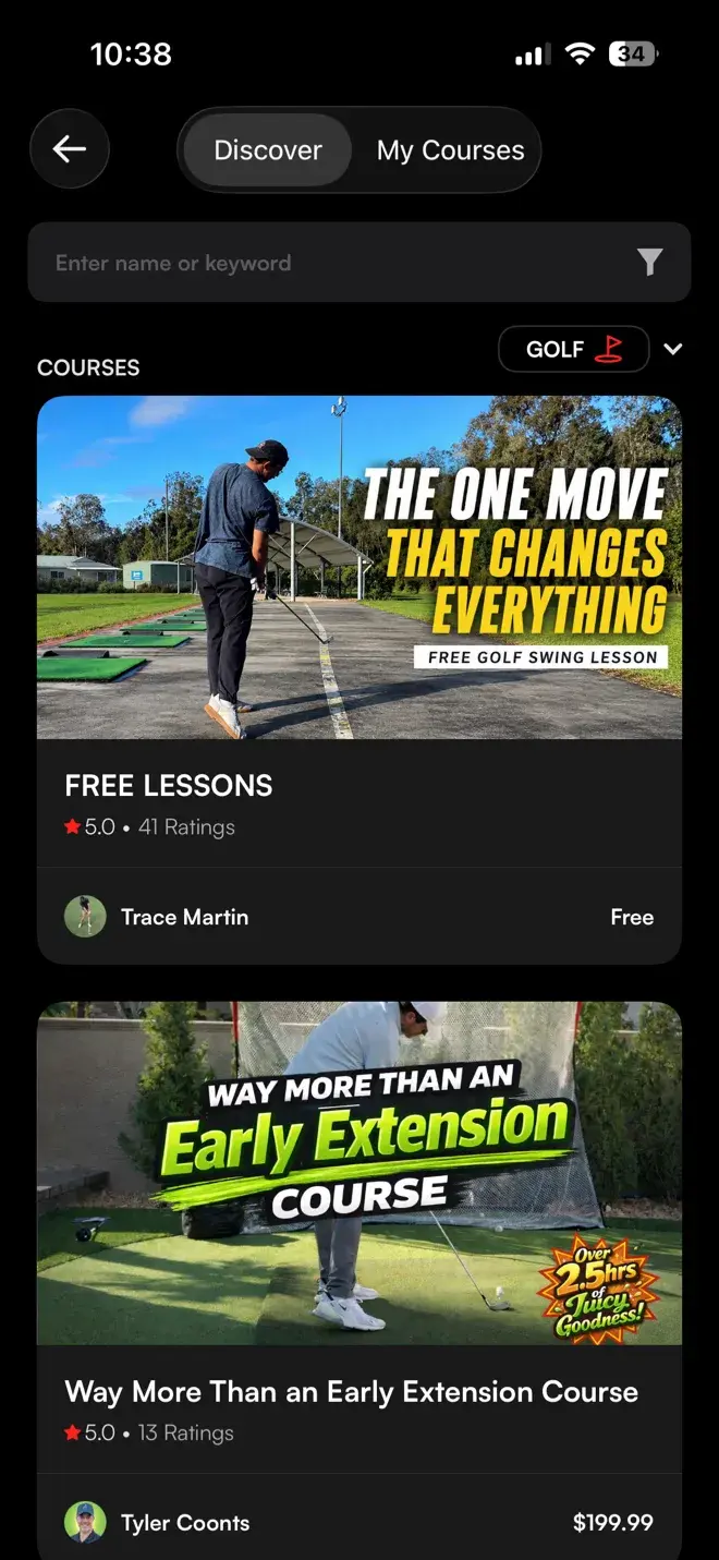 Skillest course list on iPhone: Discover and My Courses tabs with golf courses, ratings, coach names and prices