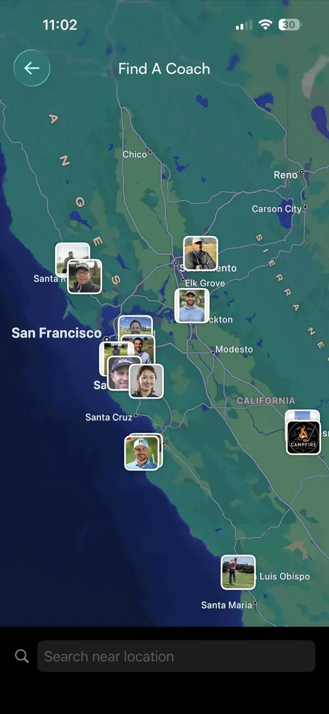Skillest Find A Coach map on iPhone: coach profile photos pinned across California from San Francisco to Sacramento, with a search-near-location bar