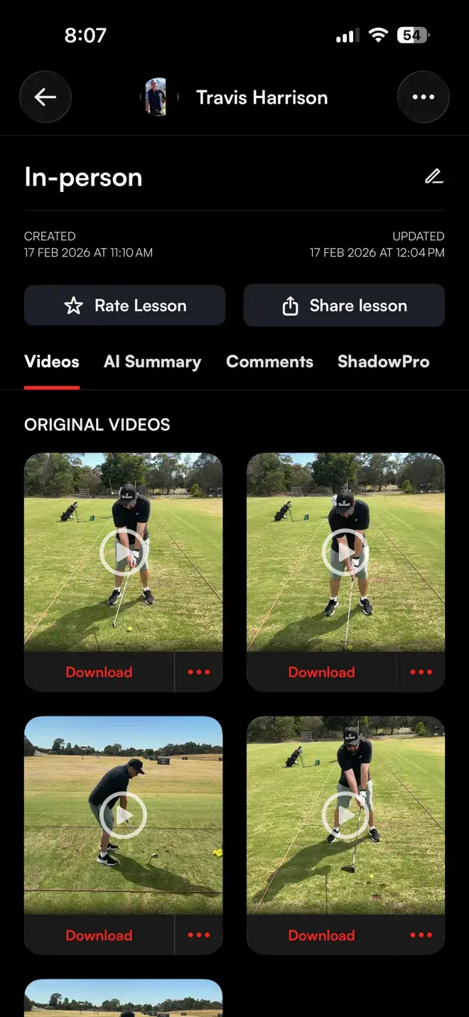 Skillest app in-person lesson: swing videos recorded at the range, with AI Summary, Comments and ShadowPro tabs
