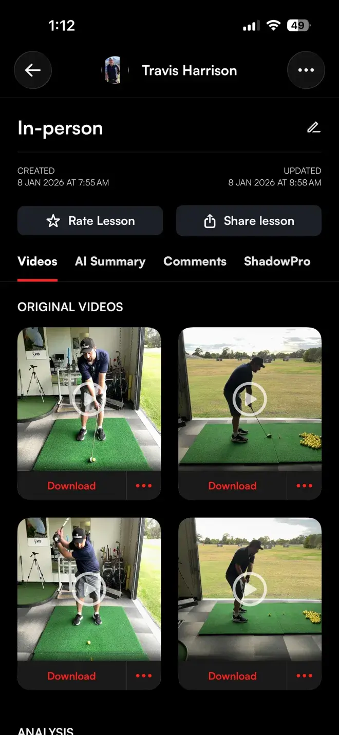 Skillest app lesson record: original swing videos saved to the student after an in-person lesson