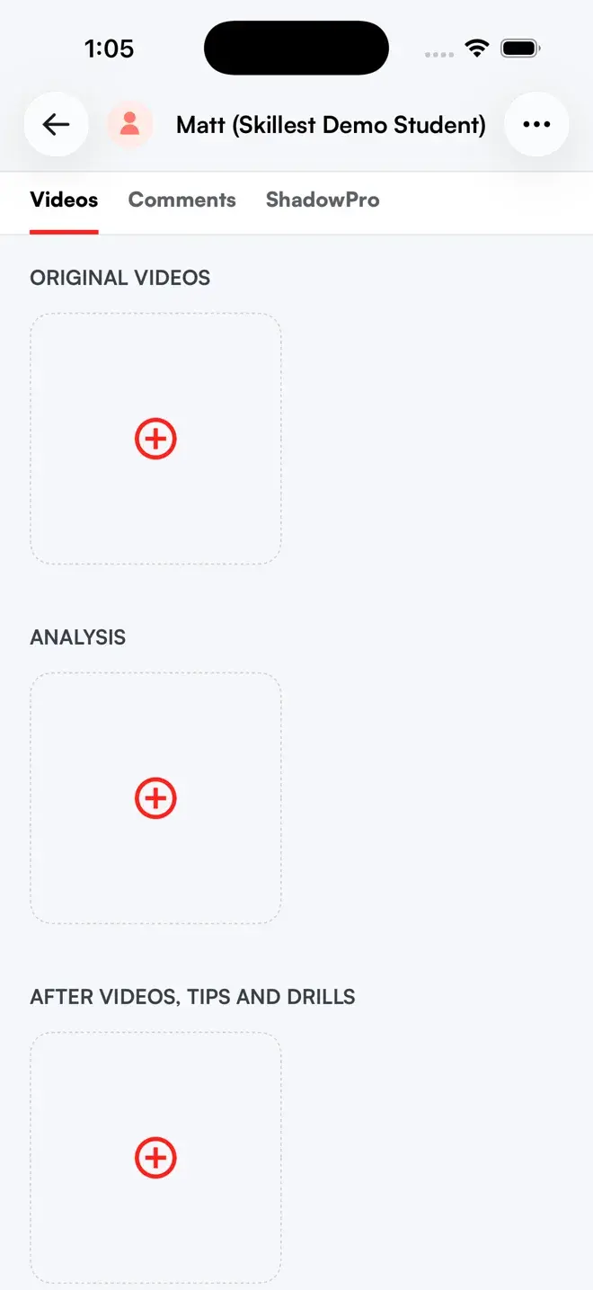 Skillest iPhone app lesson view: the three grouped sections, Original Videos, Analysis, and After Videos, Tips and Drills