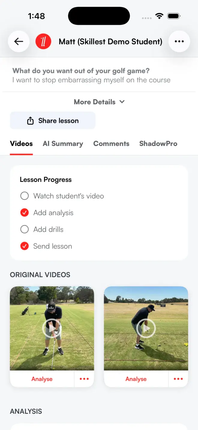 Skillest iPhone app lesson view: a student's uploaded swing videos with a lesson progress checklist and analyse buttons