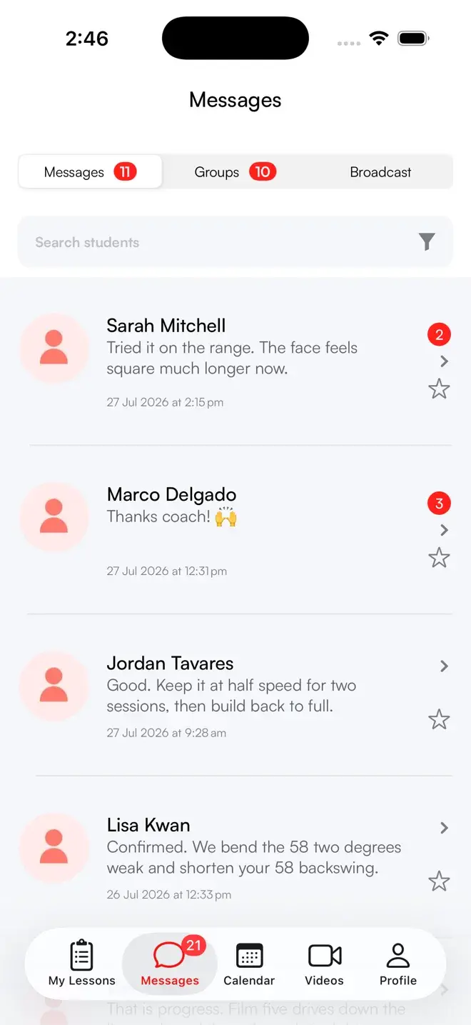 Skillest coach inbox on iPhone: student chat channels with unread counts, plus Messages, Groups and Broadcast tabs
