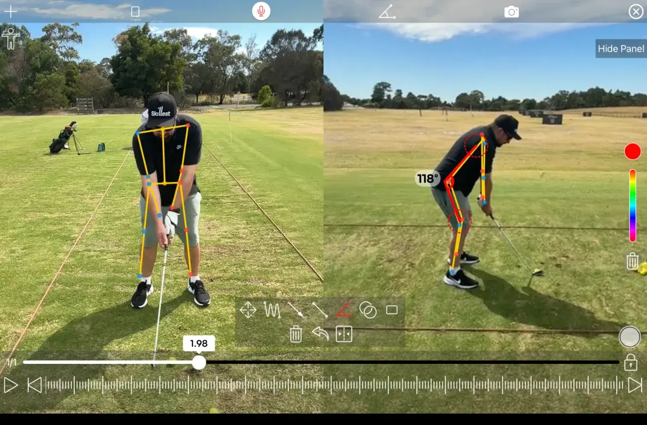 Skillest swing analysis on iPad: side-by-side swing comparison with pose overlay, angle measurement and drawing tools