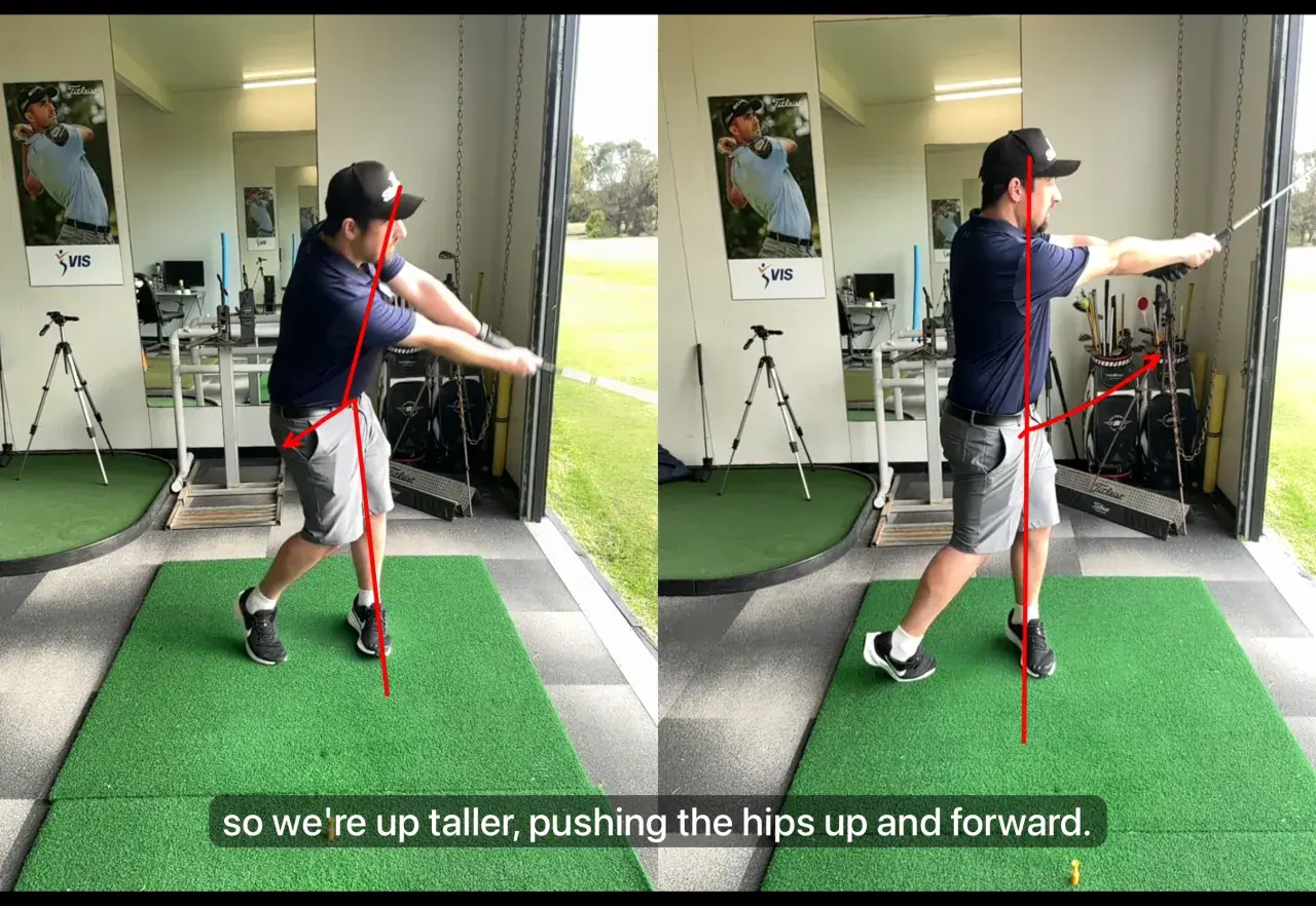 Skillest analysis tool showing two swings side by side with a spine-angle annotation drawn on each and a voice-over caption