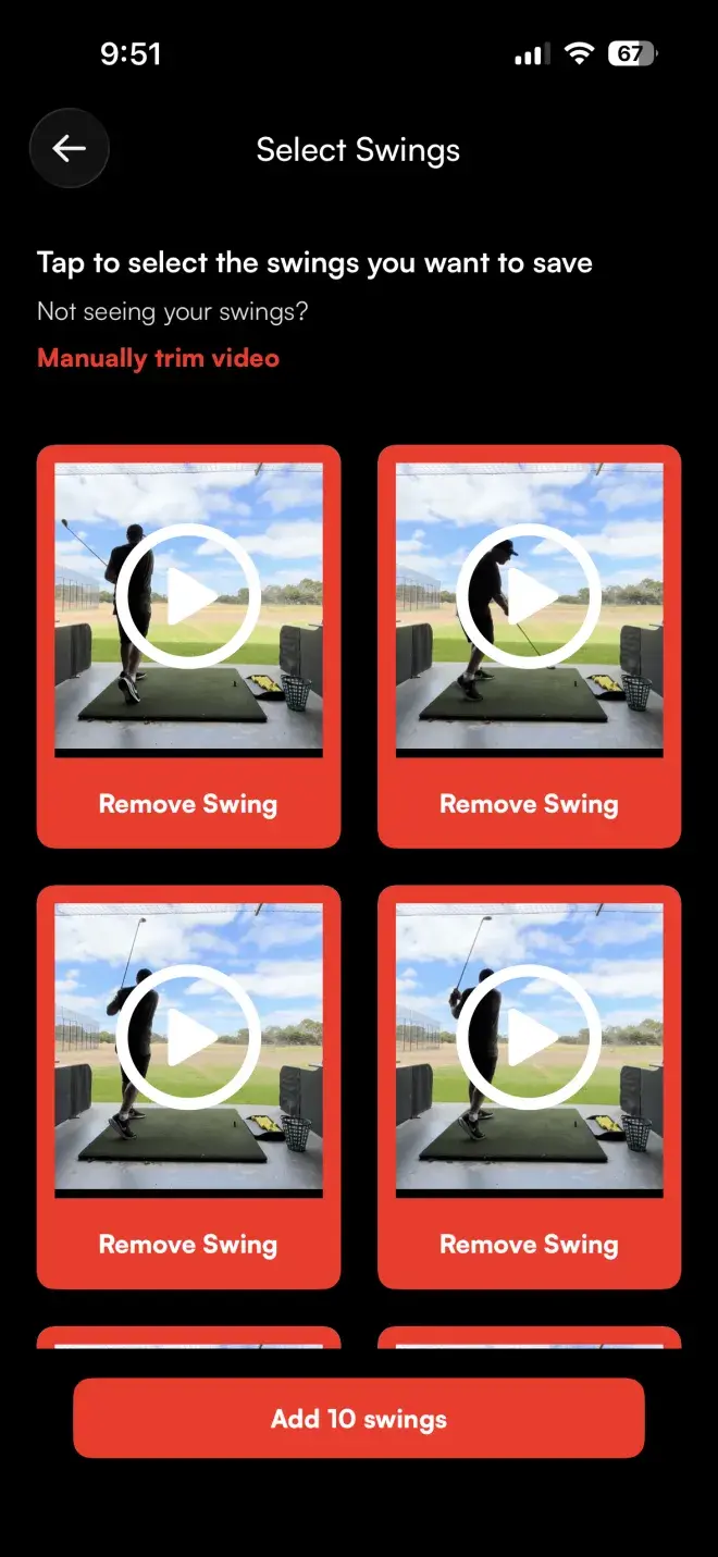 Skillest app Select Swings screen: detected swing thumbnails from a range session, each removable, with an Add swings button