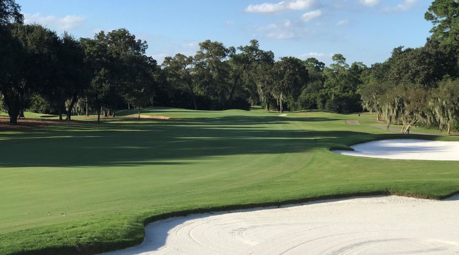 Beautiful view of one of Houston's best golf courses featuring a lush green field, surrounded by trees, a blue sky, and white sand bunkers, creating a golfer's paradise.